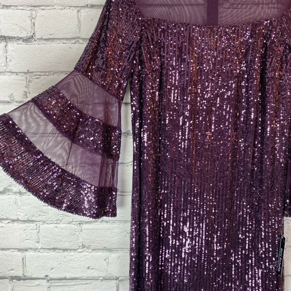 R&M Richards Women's Purple Sequin Knee Length Dress Bell Sleeve Size 8 Petite